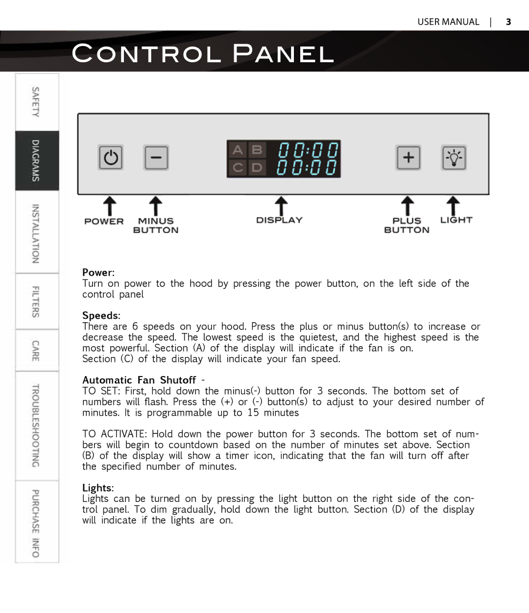 Proline PLFW520, PLFI750, PLFW812, PLFW544, PLFI543, PLFW543 Control Panel, Power, Speeds, Automatic Fan Shutoff, Lights 