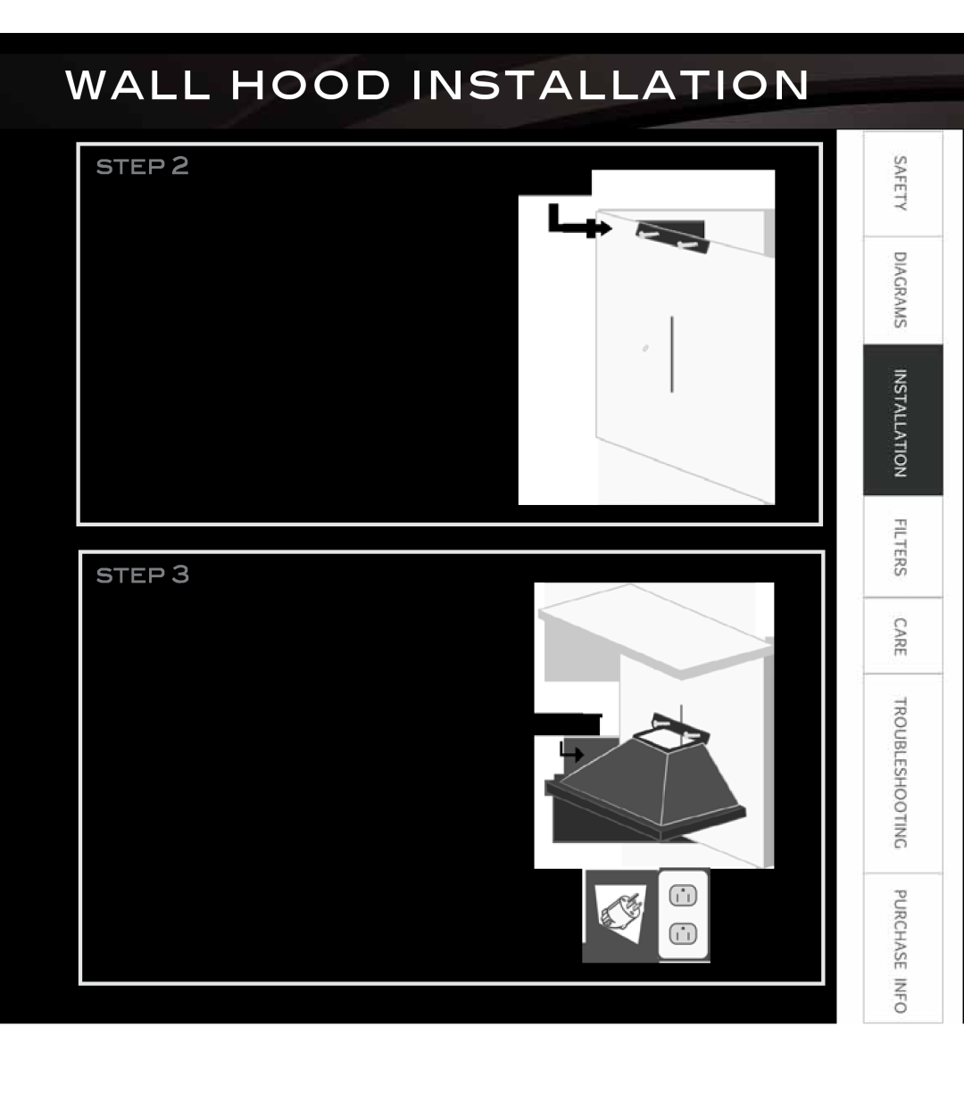 Proline PLFI543, PLFI750 Install ceiling bracket, Hang hood and connect, Wall Hood Installation, Proline Range Hoods 