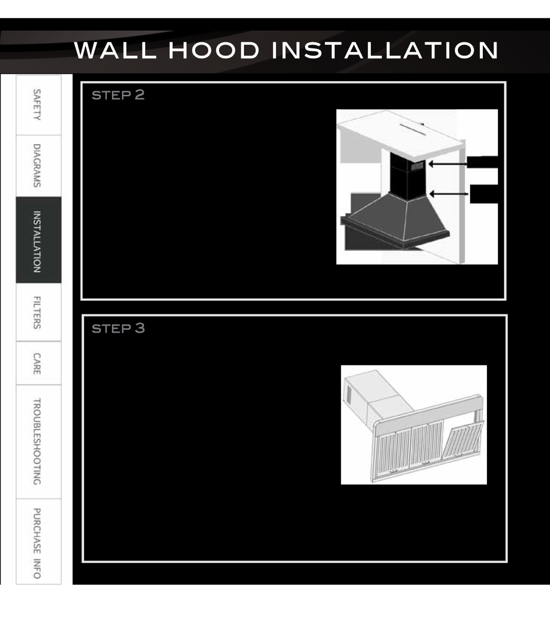Proline PLFW543, PLFI750, PLFW812, PLFW544, PLFI543, PLFW832 Install chimney, Install grease filter, Wall Hood Installation 