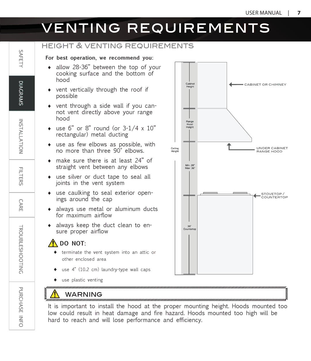 Proline PLFW115, PLFW116 user manual Height & Venting Requirements 