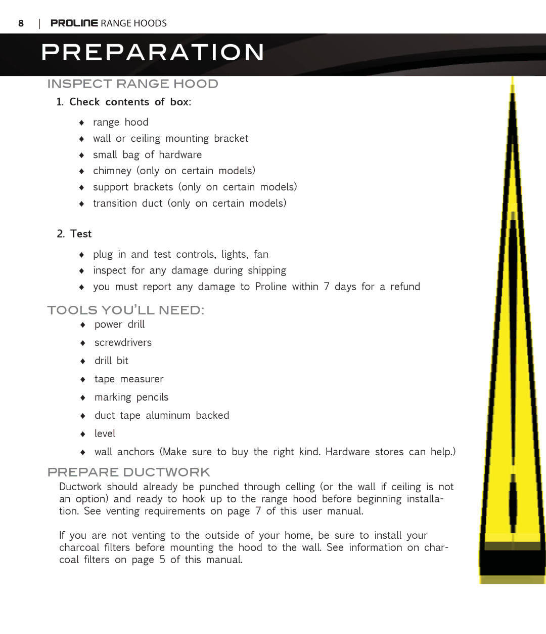 Proline PLFW116, PLFW115 user manual Preparation, Inspect Range Hood, Tools YOU’LL Need, Prepare Ductwork 