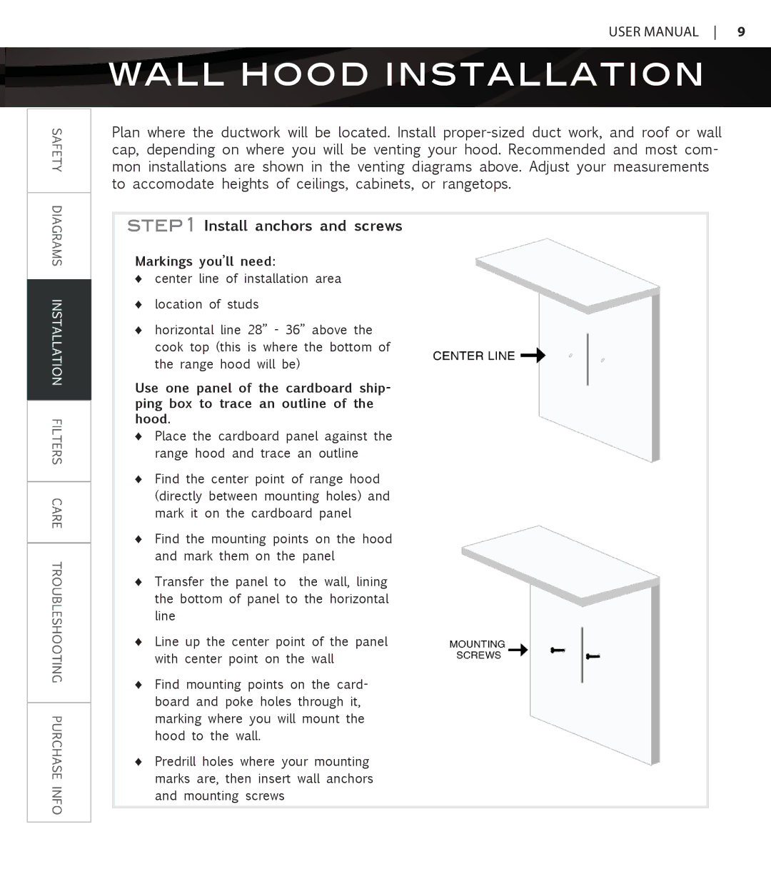 Proline PLFW115, PLFW116 user manual Wall Hood Installation, Install anchors and screws 