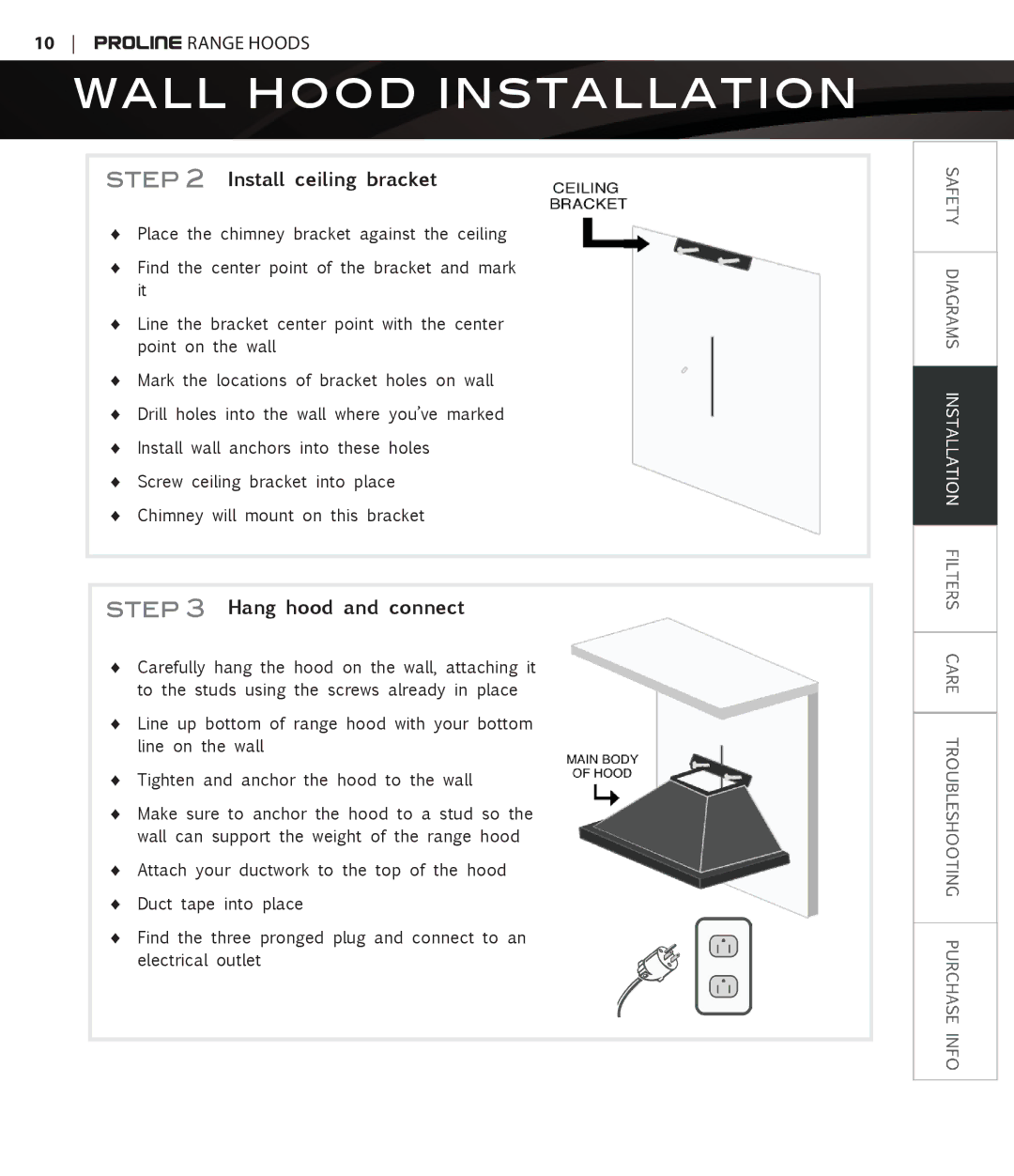 Proline PLFW116, PLFW115 user manual Install ceiling bracket, Hang hood and connect 