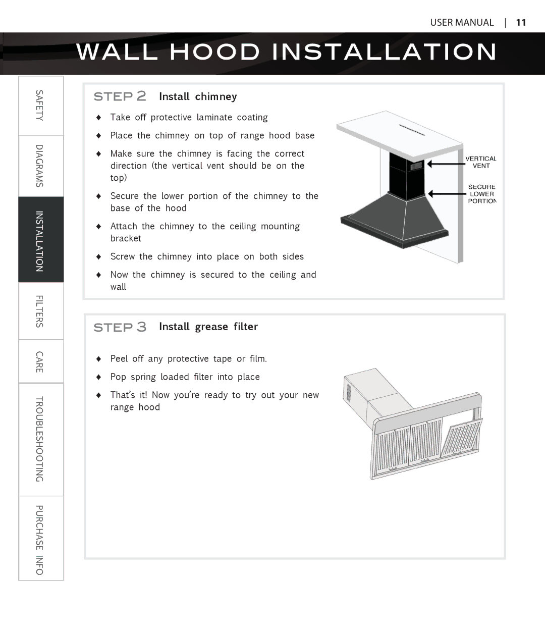 Proline PLFW115, PLFW116 user manual Install chimney, Install grease filter 