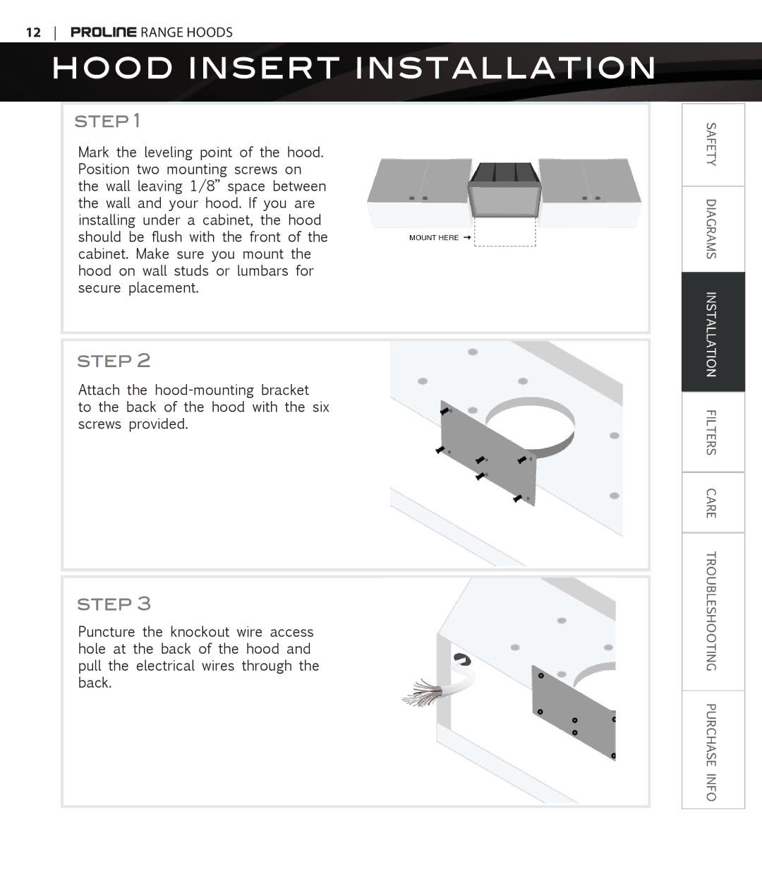 Proline PLFW116, PLFW115 user manual Hood Insert Installation, Step 