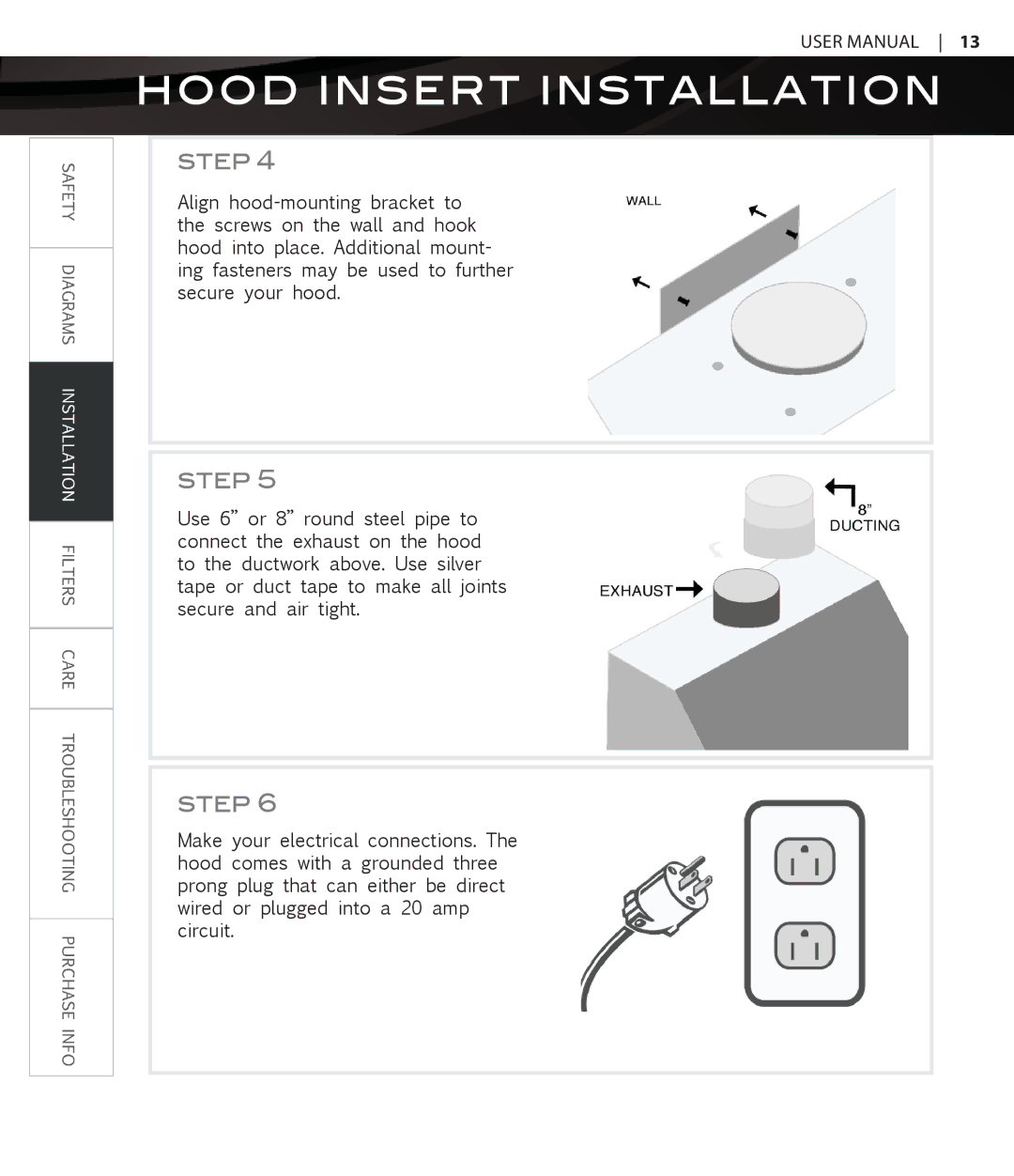 Proline PLFW115, PLFW116 user manual Hood Insert Installation 