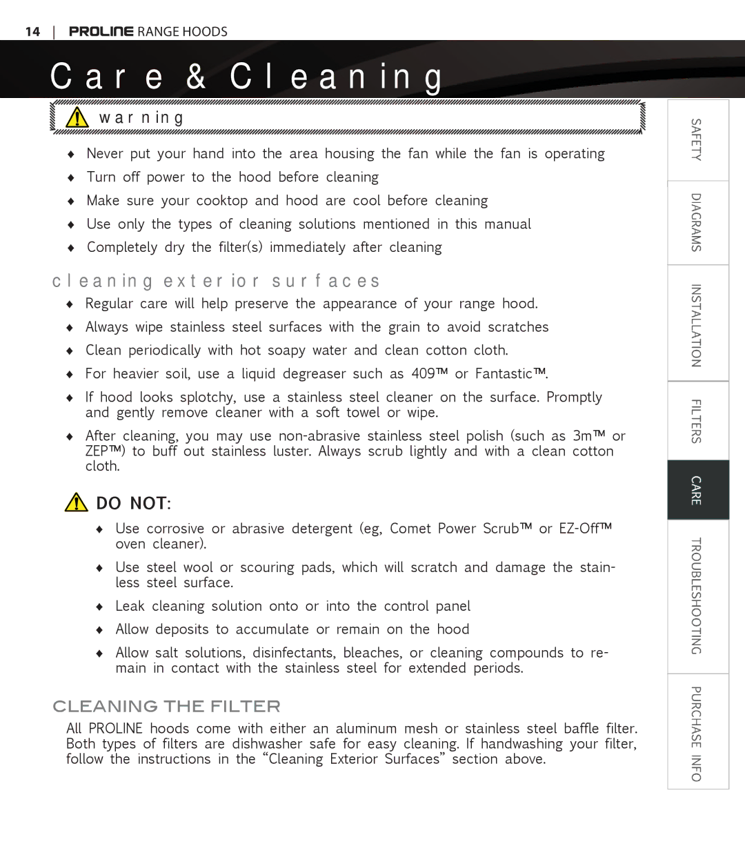 Proline PLFW116, PLFW115 user manual Care & Cleaning, Cleaning the filter, Cleaning Exterior Surfaces 