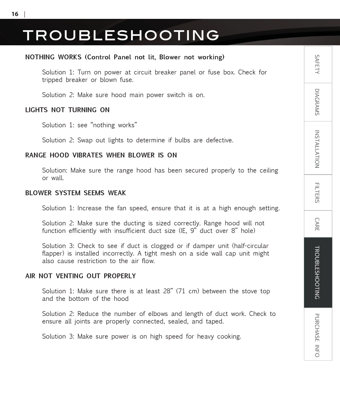 Proline PLFW116, PLFW115 user manual Troubleshooting, Nothing Works Control Panel not lit, Blower not working 