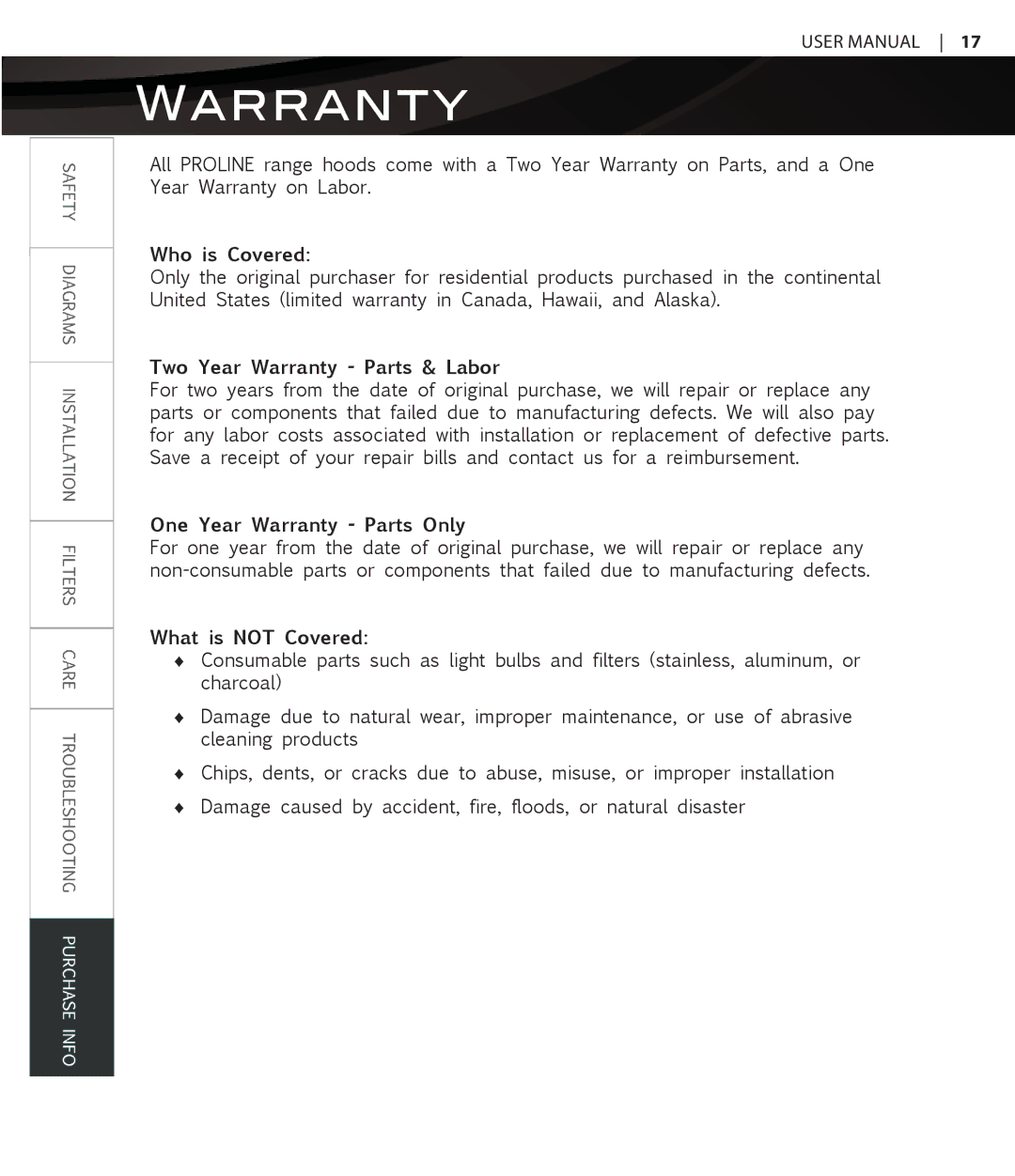 Proline PLFW115 Who is Covered, Two Year Warranty Parts & Labor, One Year Warranty Parts Only, What is not Covered 