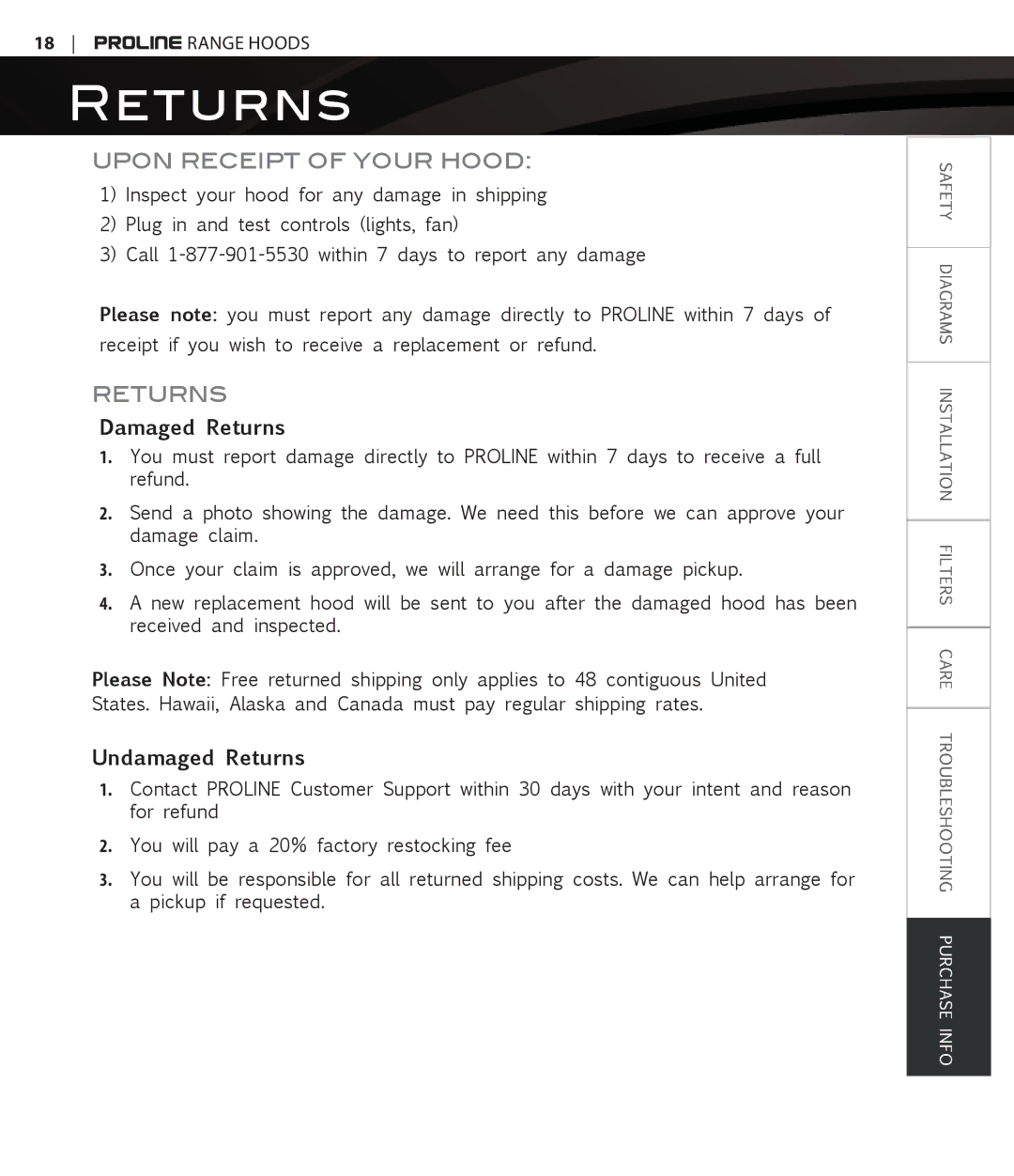 Proline PLFW116, PLFW115 user manual Returns, Upon Receipt of Your Hood 