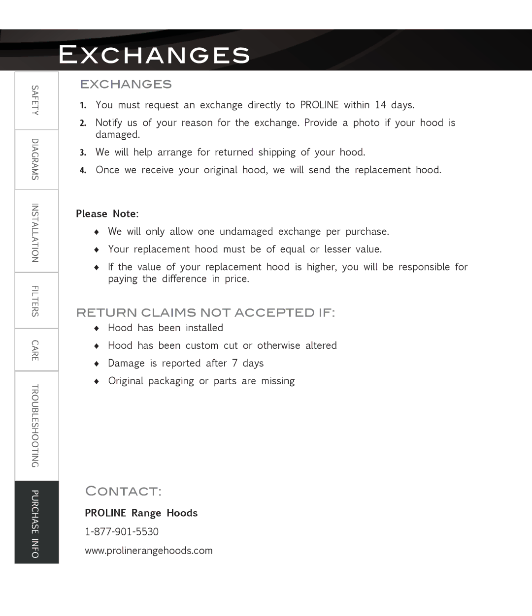 Proline PLFW115, PLFW116 user manual Exchanges, Return Claims not Accepted if, Please Note, Proline Range Hoods 