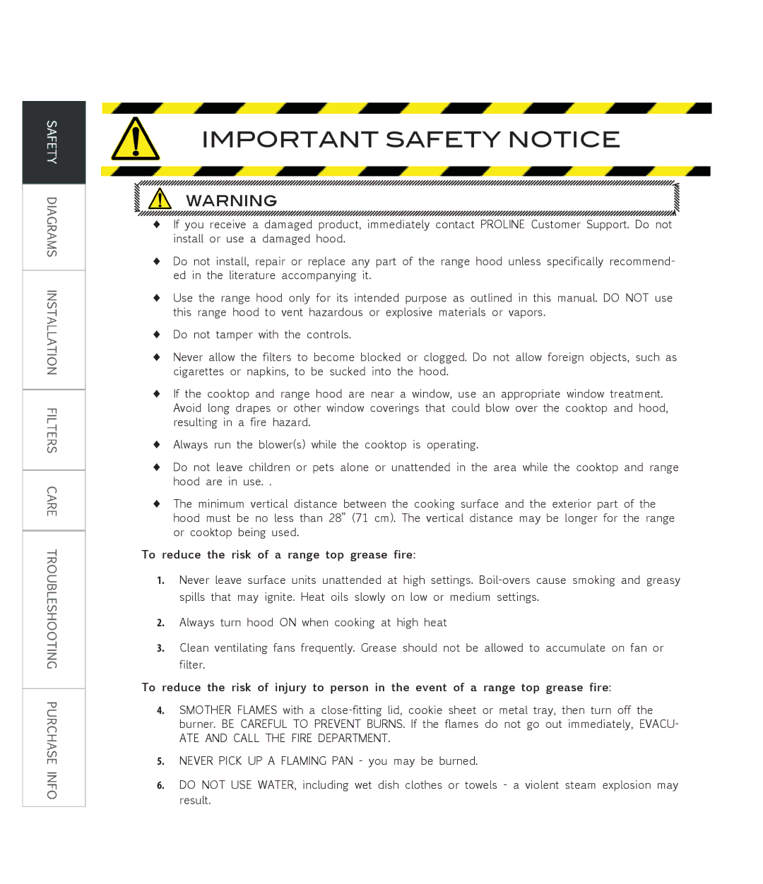 Proline PLFW115, PLFW116 user manual To reduce the risk of a range top grease fire 