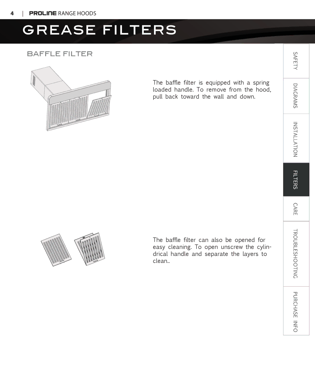 Proline PLFW116, PLFW115 user manual Grease Filters, Baffle filter 