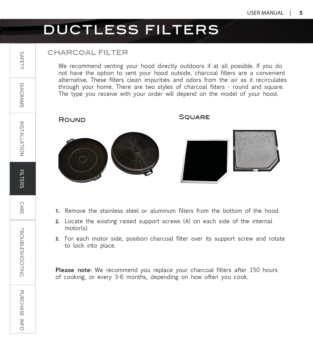 Proline PLFW115, PLFW116 user manual Ductless Filters, Charcoal filter 