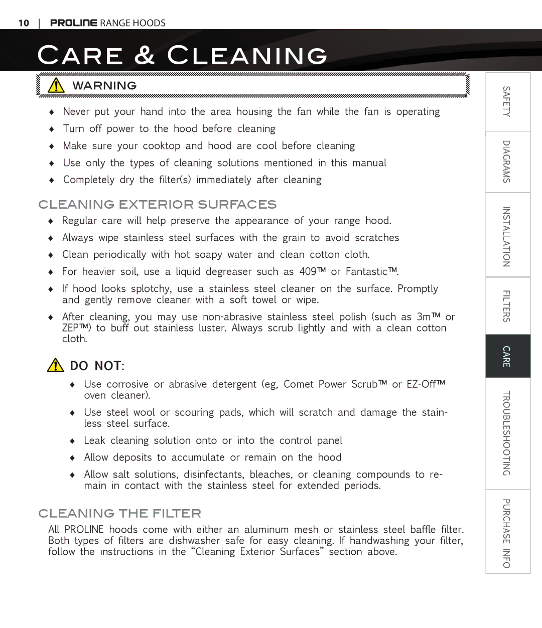 Proline PLFW582, PLFW581 manual Care & Cleaning, Cleaning Exterior Surfaces, Cleaning the Filter 