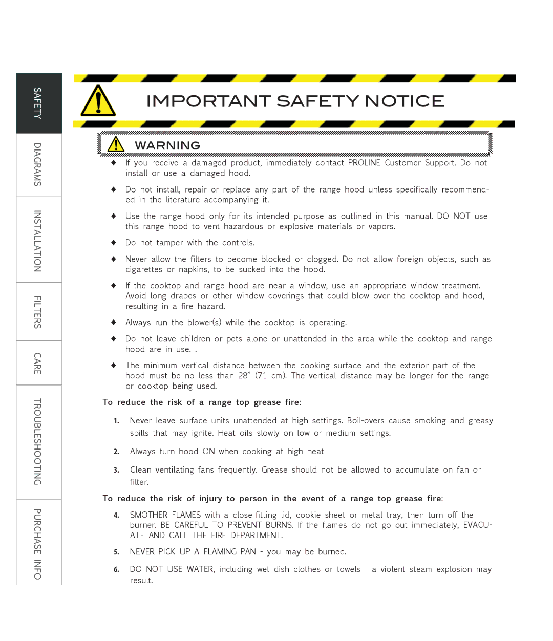 Proline PLFW581, PLFW582 manual To reduce the risk of a range top grease fire 