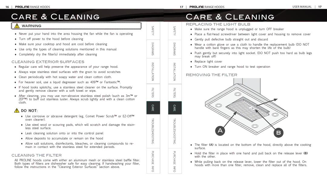 Proline PLFW101, PLJW101, PLFW102, PLJW102 user manual Care & Cleaning, Cleaning Exterior Surfaces, Replacing the Light Bulb 