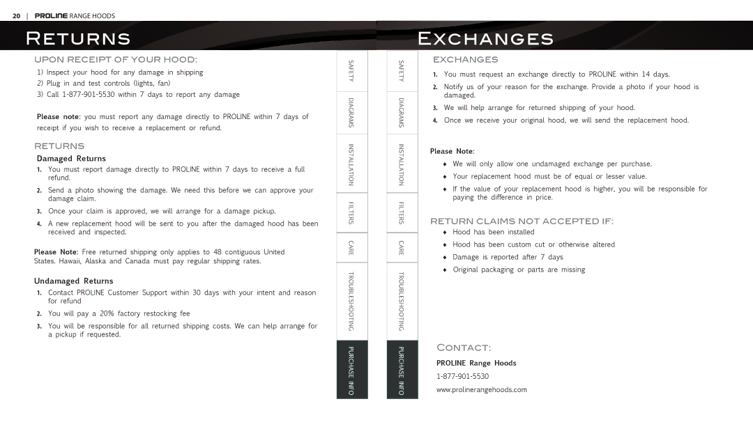 Proline PLFW102, PLJW101, PLJW102, PLFW101 user manual Returns, Exchanges 