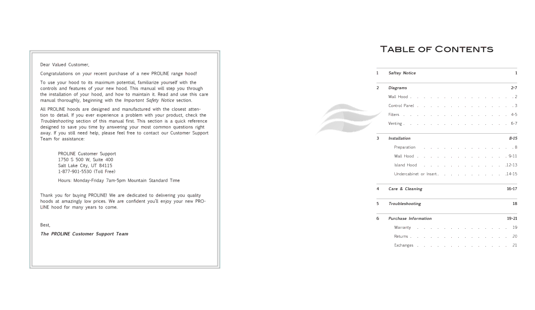 Proline PLJW102, PLJW101, PLFW102, PLFW101 user manual Table of Contents 