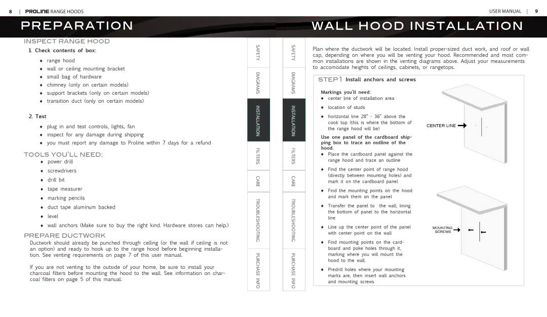 Proline PLFW101, PLJW101 Preparation, Wall Hood Installation, Inspect Range Hood, Tools YOU’LL Need, Prepare Ductwork 