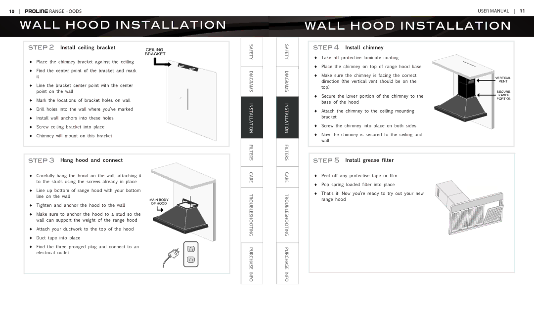 Proline PLJW101, PLFW102, PLJW102 Install ceiling bracket, Hang hood and connect, Install chimney, Install grease filter 