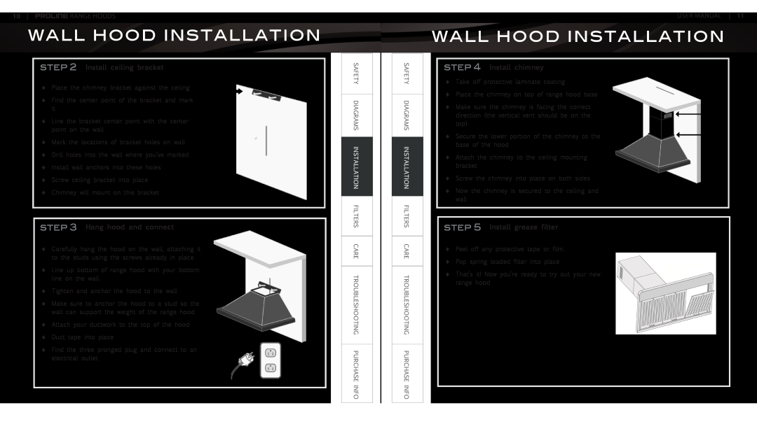 Proline PLJW101, PLFW102, PLJW102 Install ceiling bracket, Hang hood and connect, Install chimney, Install grease filter 