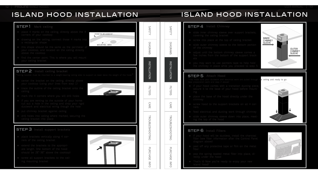 Proline PLFW102, PLJW101 Island Hood Installation, Mark ceiling, Install support brackets, Install Chimney, Attach Hood 