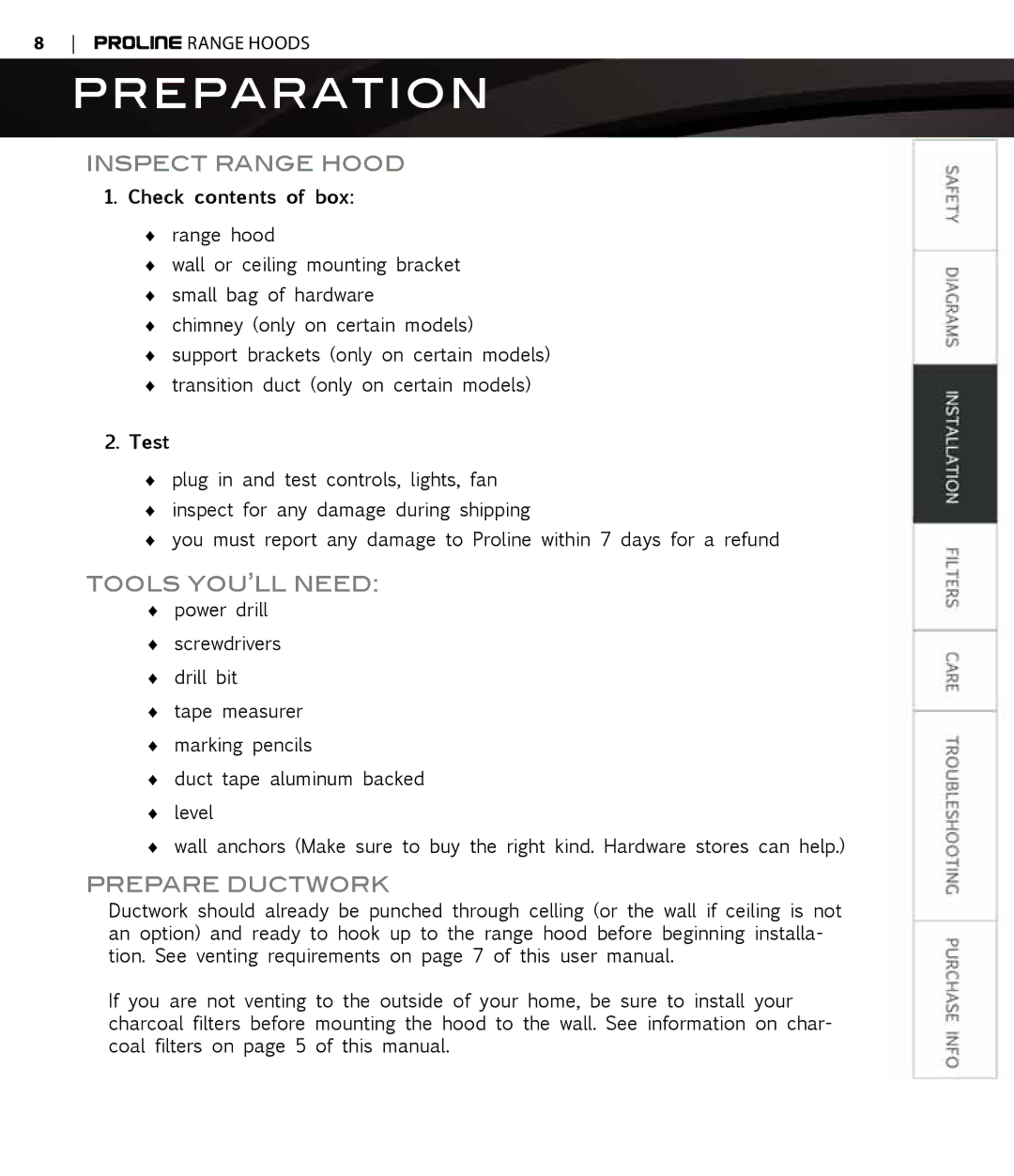 Proline PLJW117 user manual Preparation, Inspect Range Hood, Tools YOU’LL Need, Prepare Ductwork 