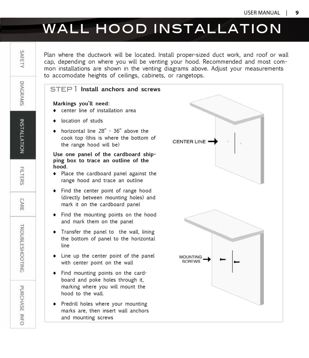 Proline PLJW117 user manual Wall Hood Installation, Install anchors and screws 