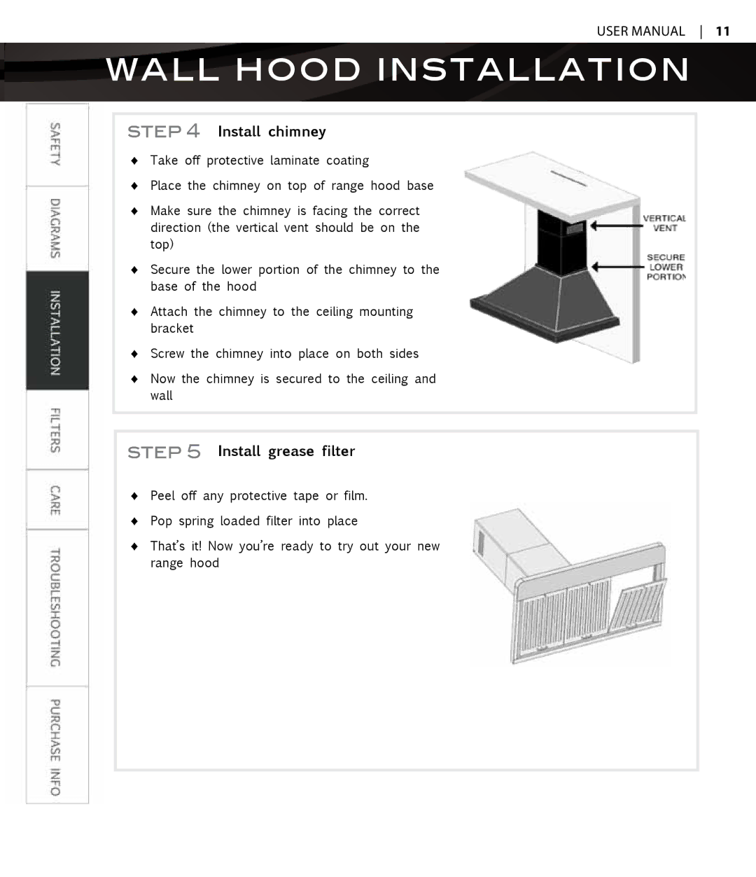 Proline PLJW117 user manual Install chimney, Install grease filter 