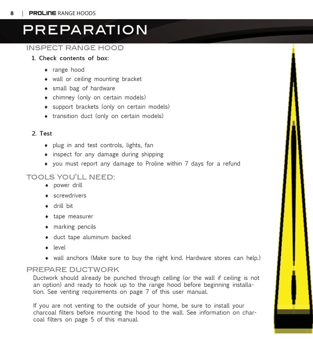 Proline PLJW129, PLJW109, PLJW125, PLFW108 user manual Preparation, Inspect Range Hood, Tools YOU’LL Need, Prepare Ductwork 