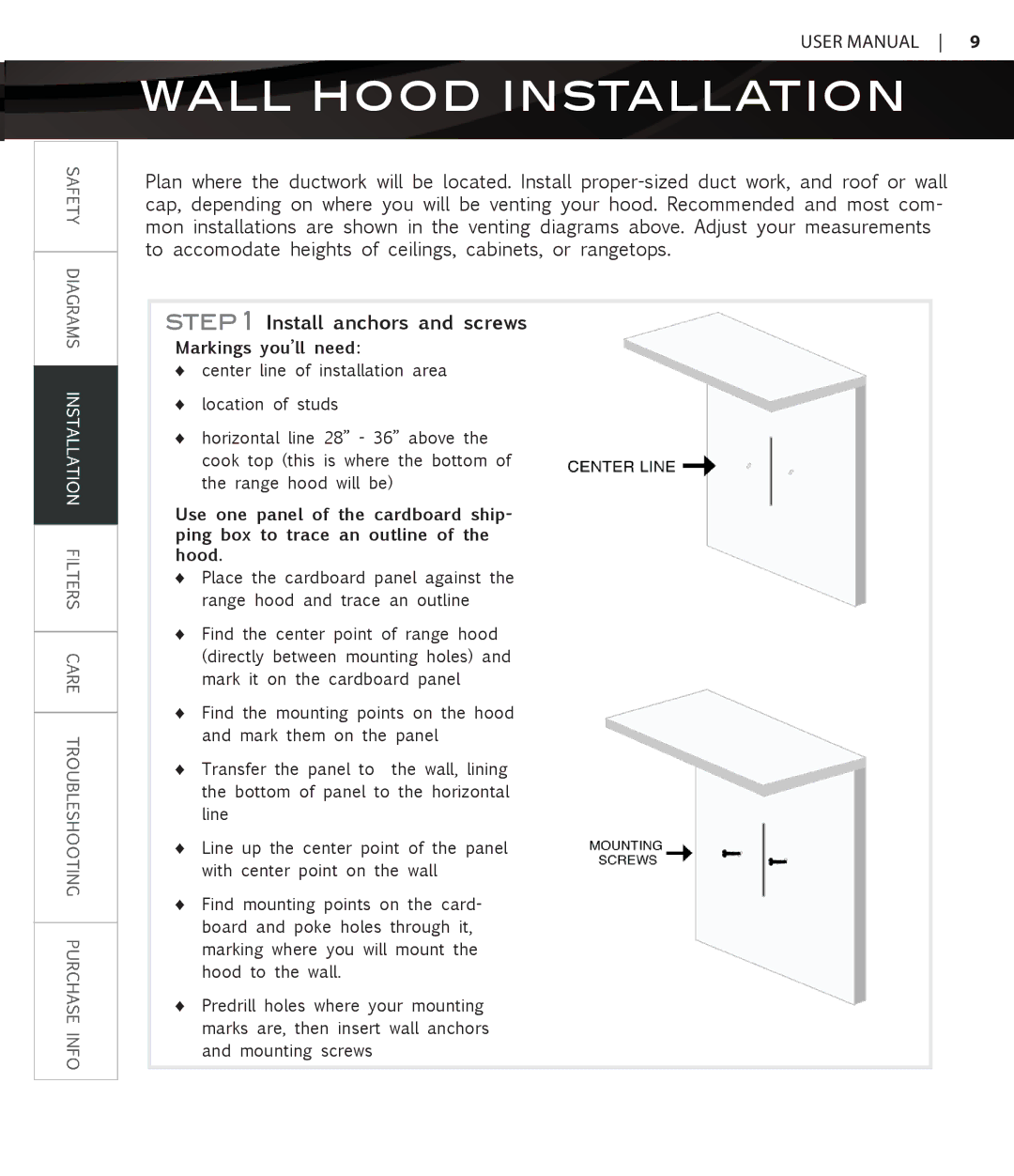 Proline PLJW109, PLJW129, PLJW125, PLFW108 user manual Wall Hood Installation, Install anchors and screws 