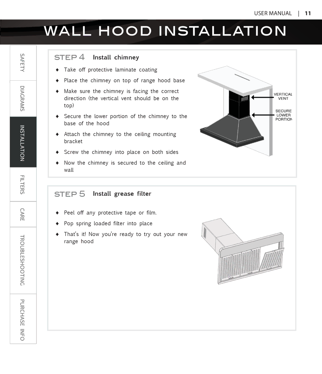 Proline PLFW108, PLJW129, PLJW109, PLJW125 user manual Install chimney, Install grease filter 