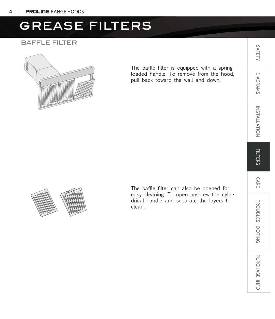 Proline PLJW129, PLJW109, PLJW125, PLFW108 user manual Grease Filters, Baffle Filter 