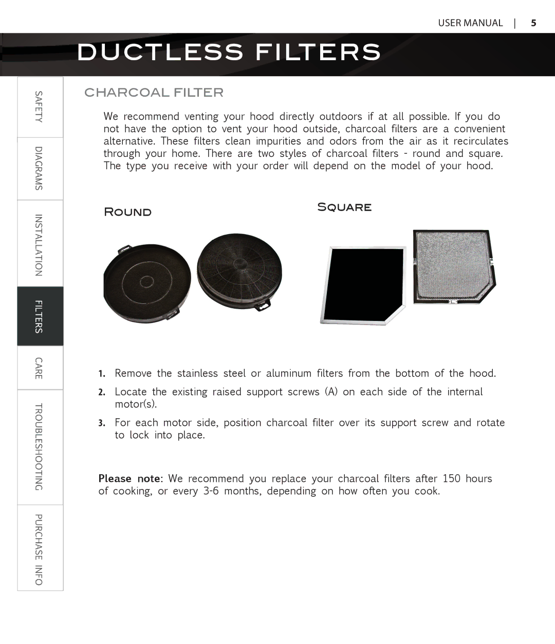 Proline PLJW109, PLJW129, PLJW125, PLFW108 user manual Ductless Filters, Charcoal Filter 