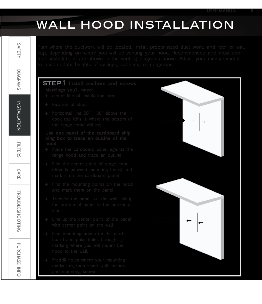 Proline PLJW109, PLJW129, PLJW125, PLFW108 Wall Hood Installation, Install anchors and screws, Markings you’ll need 