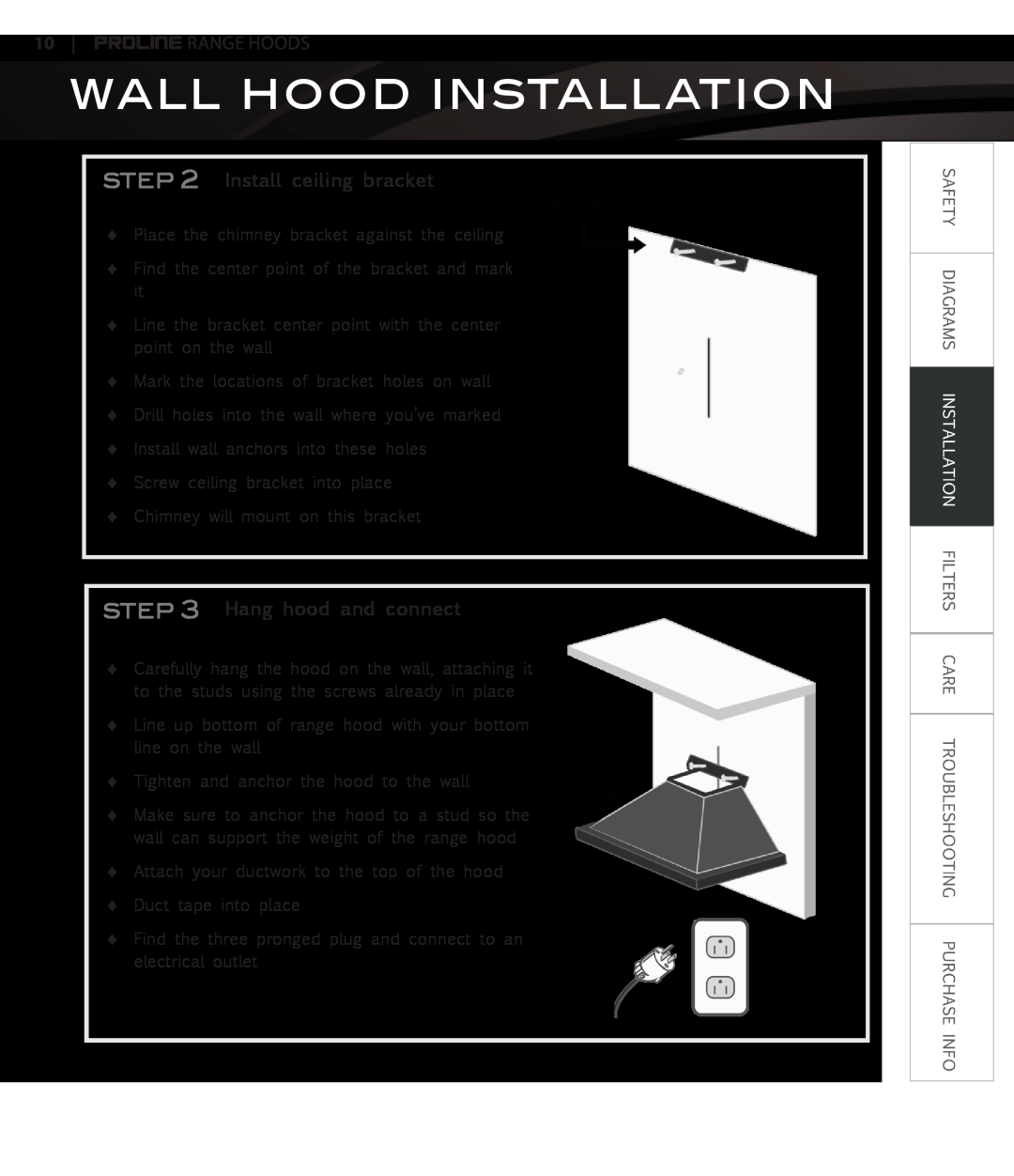 Proline PLJW125, PLJW129 Install ceiling bracket, Hang hood and connect, Wall Hood Installation, Proline Range Hoods 