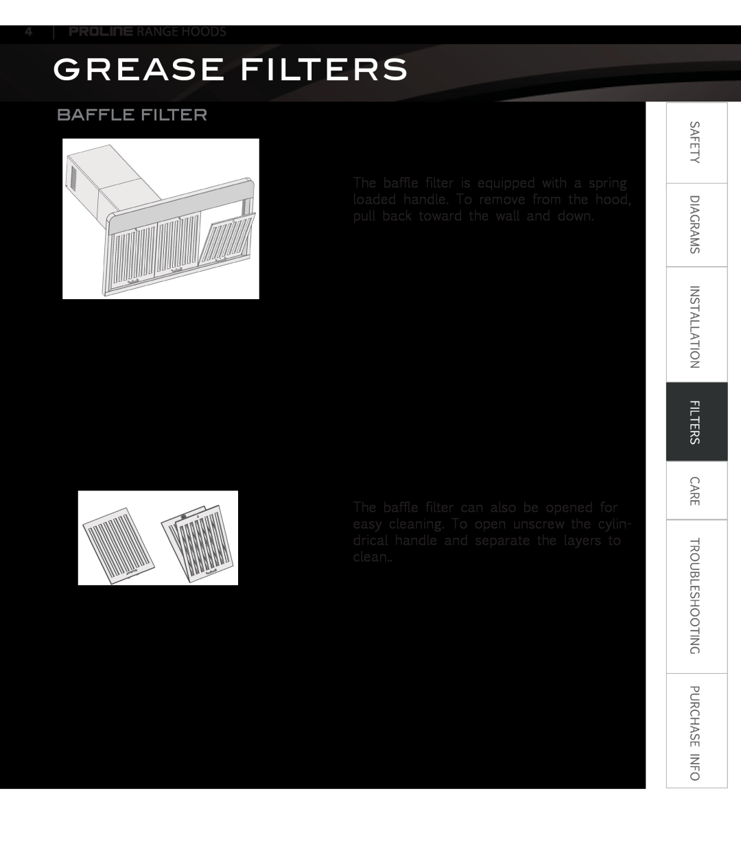 Proline PLJW129, PLJW109, PLJW125, PLFW108 user manual Grease Filters, Baffle Filter 
