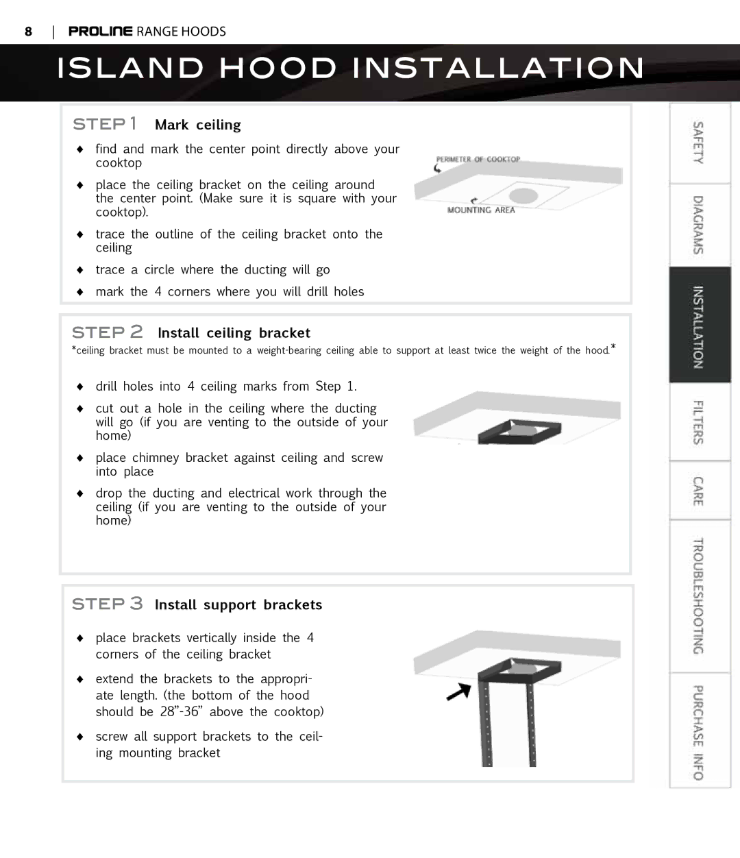 Proline PLS1440 user manual Mark ceiling, Install ceiling bracket, Install support brackets 