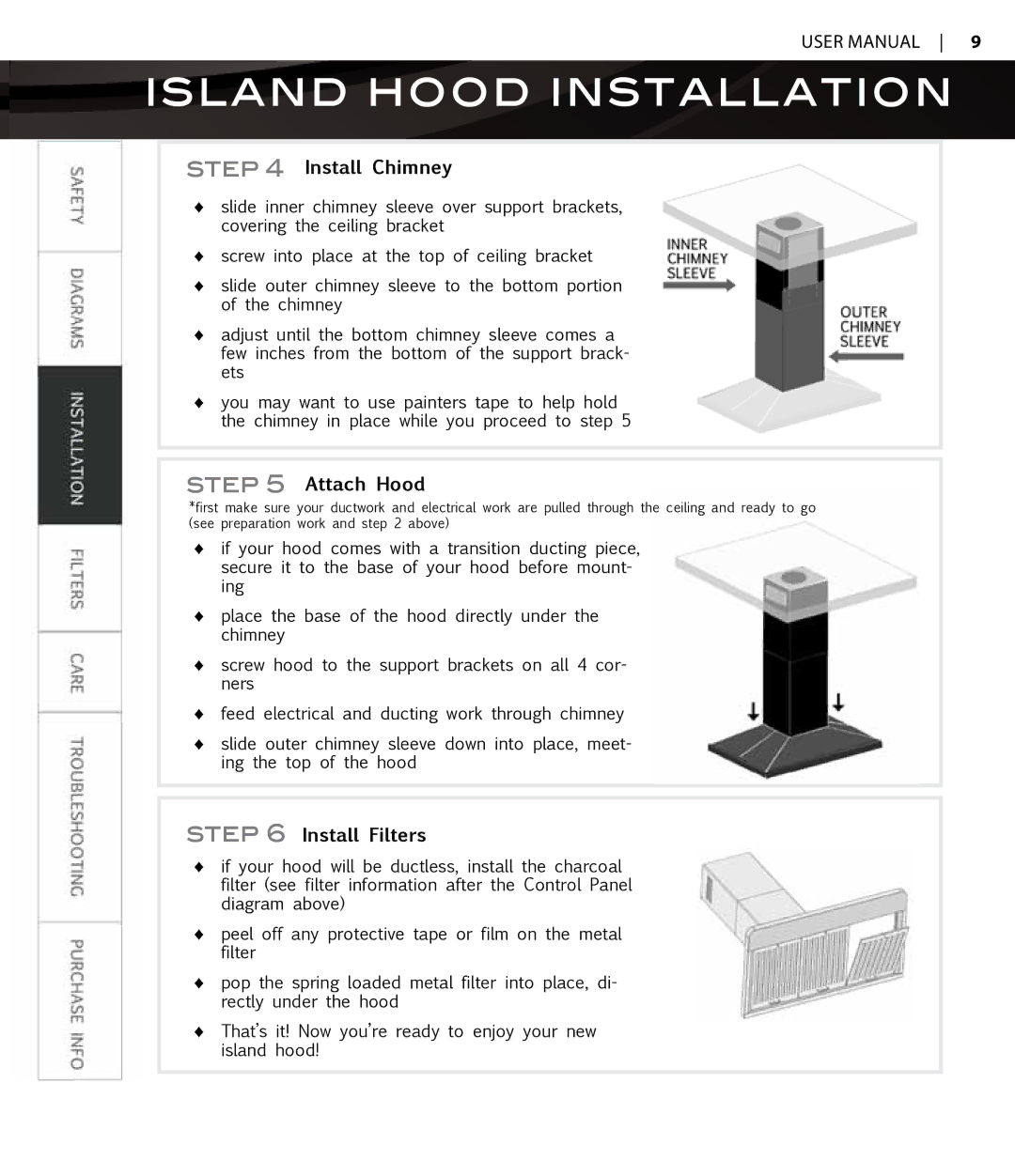 Proline PLS1440 user manual Install Chimney, Attach Hood, Install Filters 