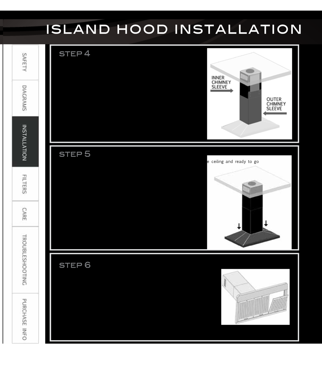 Proline PLS1440 user manual Install Chimney, Attach Hood, Install Filters, Island Hood Installation 