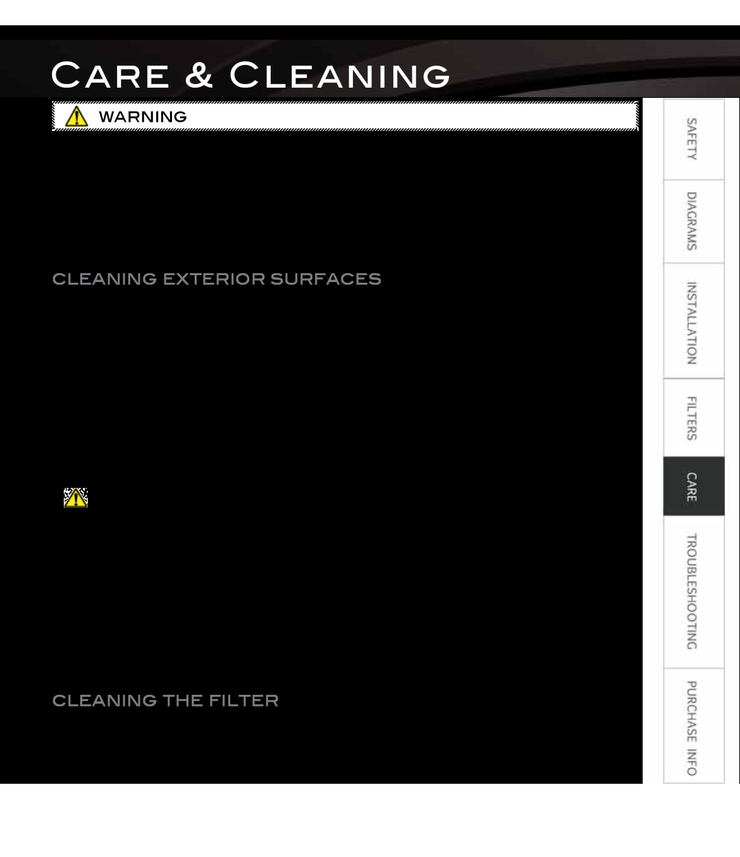 Proline PLS1440 user manual Care & Cleaning, cleaning the filter, Cleaning Exterior Surfaces, Do Not 