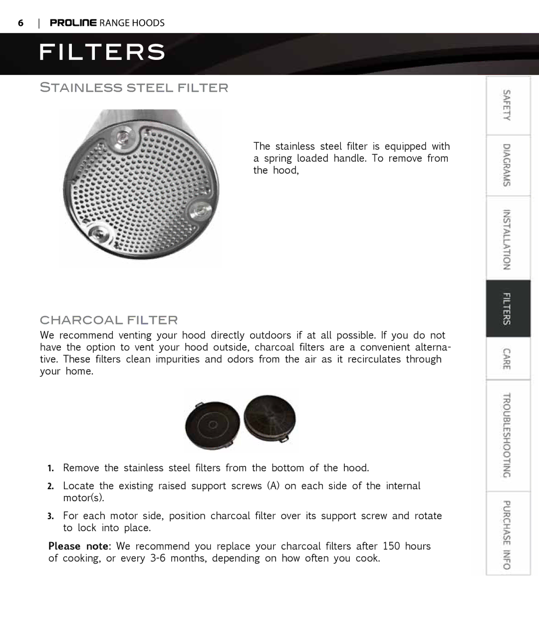 Proline PLS1576, PLS1570 user manual Filters, Charcoal filter 