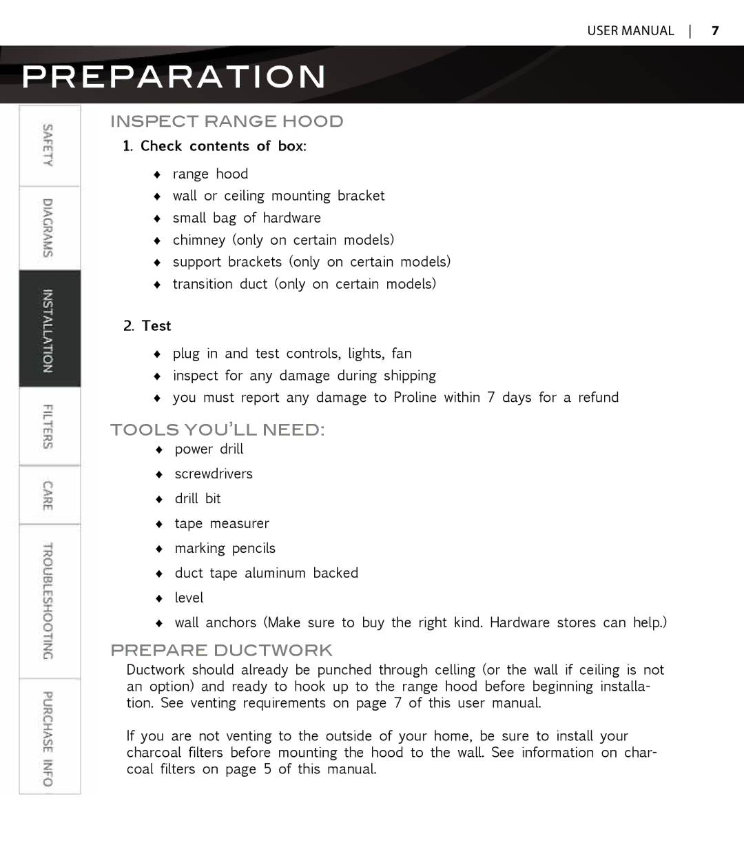 Proline PLS1570, PLS1576 user manual Preparation, Inspect Range Hood, Tools YOU’LL Need, Prepare Ductwork 