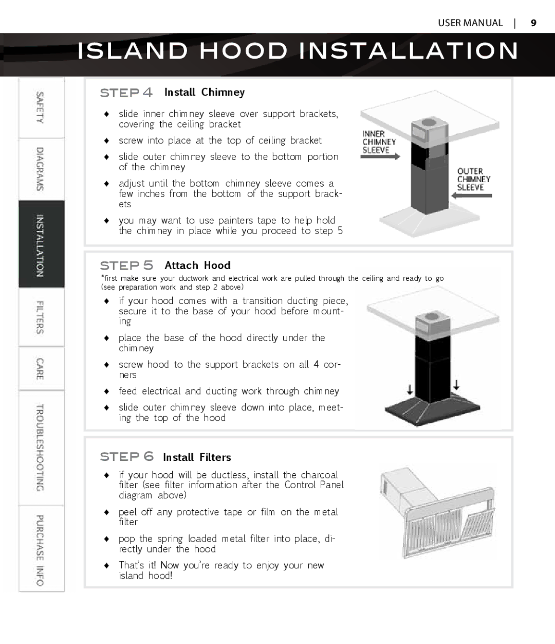 Proline PLS1570, PLS1576 user manual Install Chimney, Attach Hood, Install Filters 