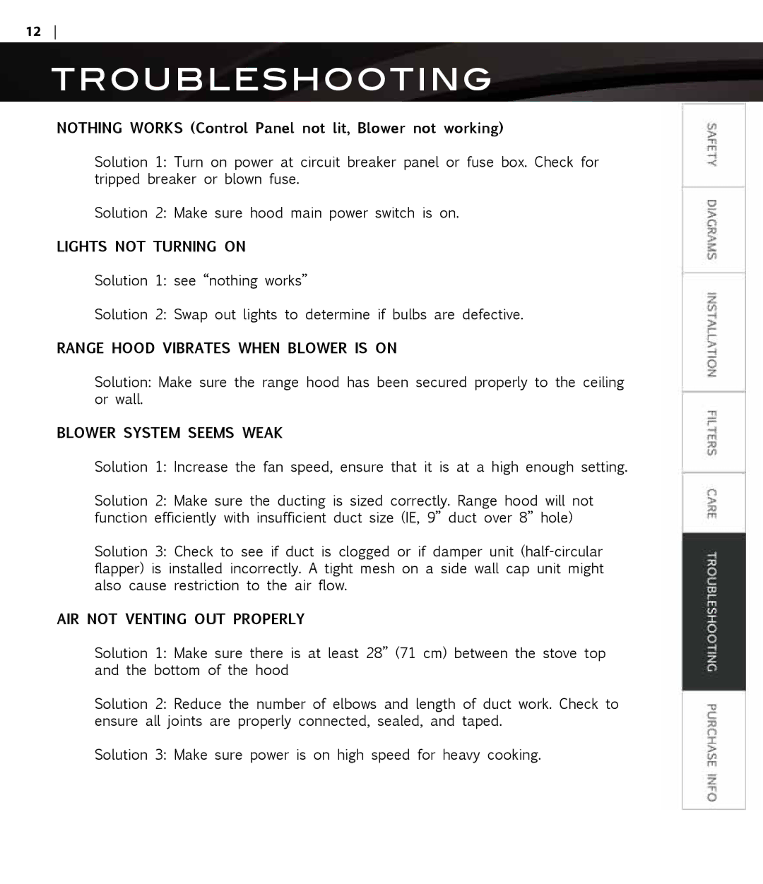 Proline PLS1576, PLS1570 user manual Troubleshooting, Nothing Works Control Panel not lit, Blower not working 