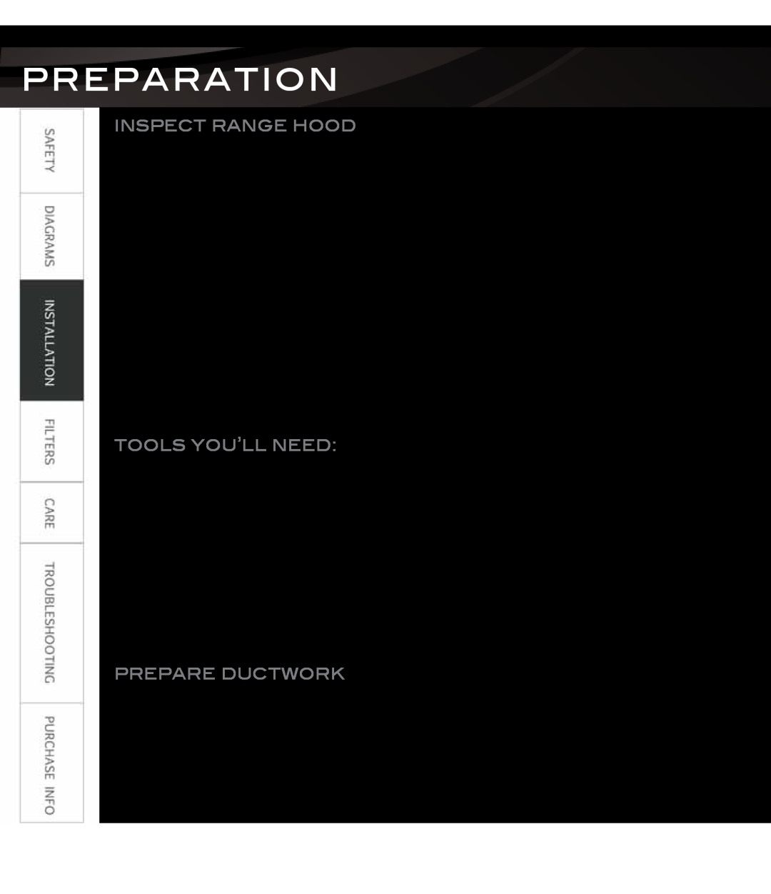 Proline PLS1570, PLS1576 Preparation, Inspect Range Hood, Tools You’Ll Need, Prepare Ductwork, Check contents of box, Test 