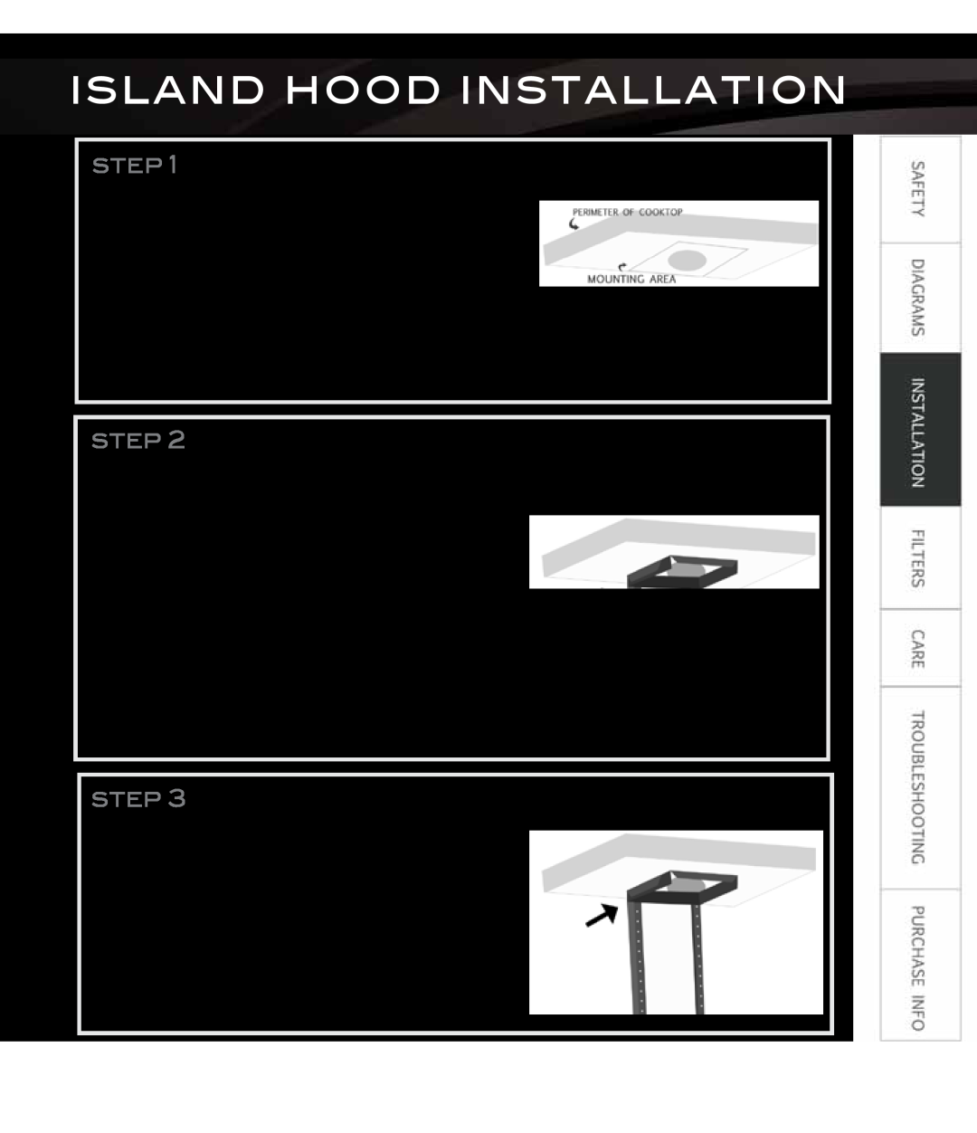 Proline PLS1576, PLS1570 Island Hood Installation, Mark ceiling, Install ceiling bracket, Install support brackets 