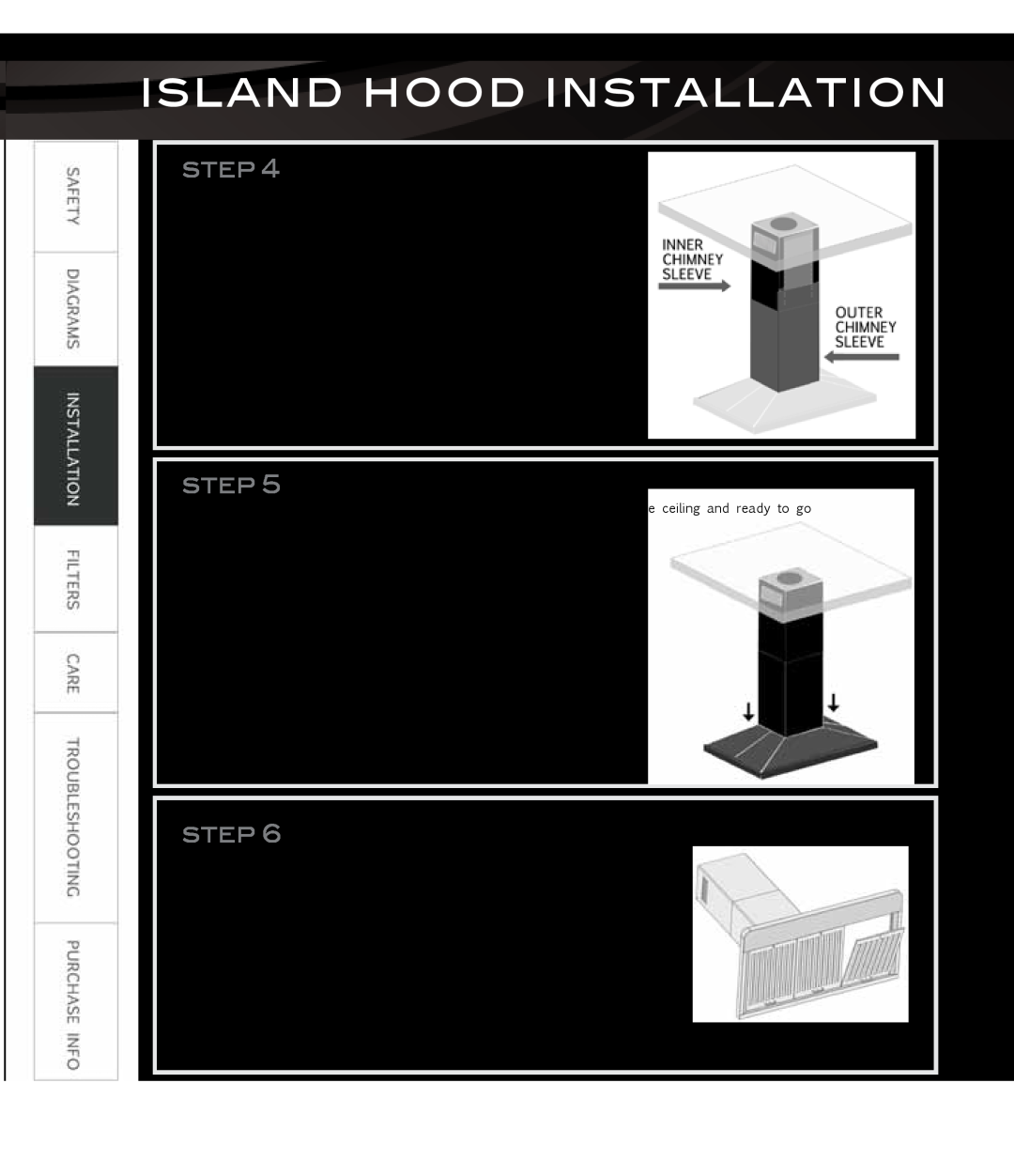Proline PLS1570, PLS1576 user manual Island Hood Installation, Install Chimney, Attach Hood, Install Filters 