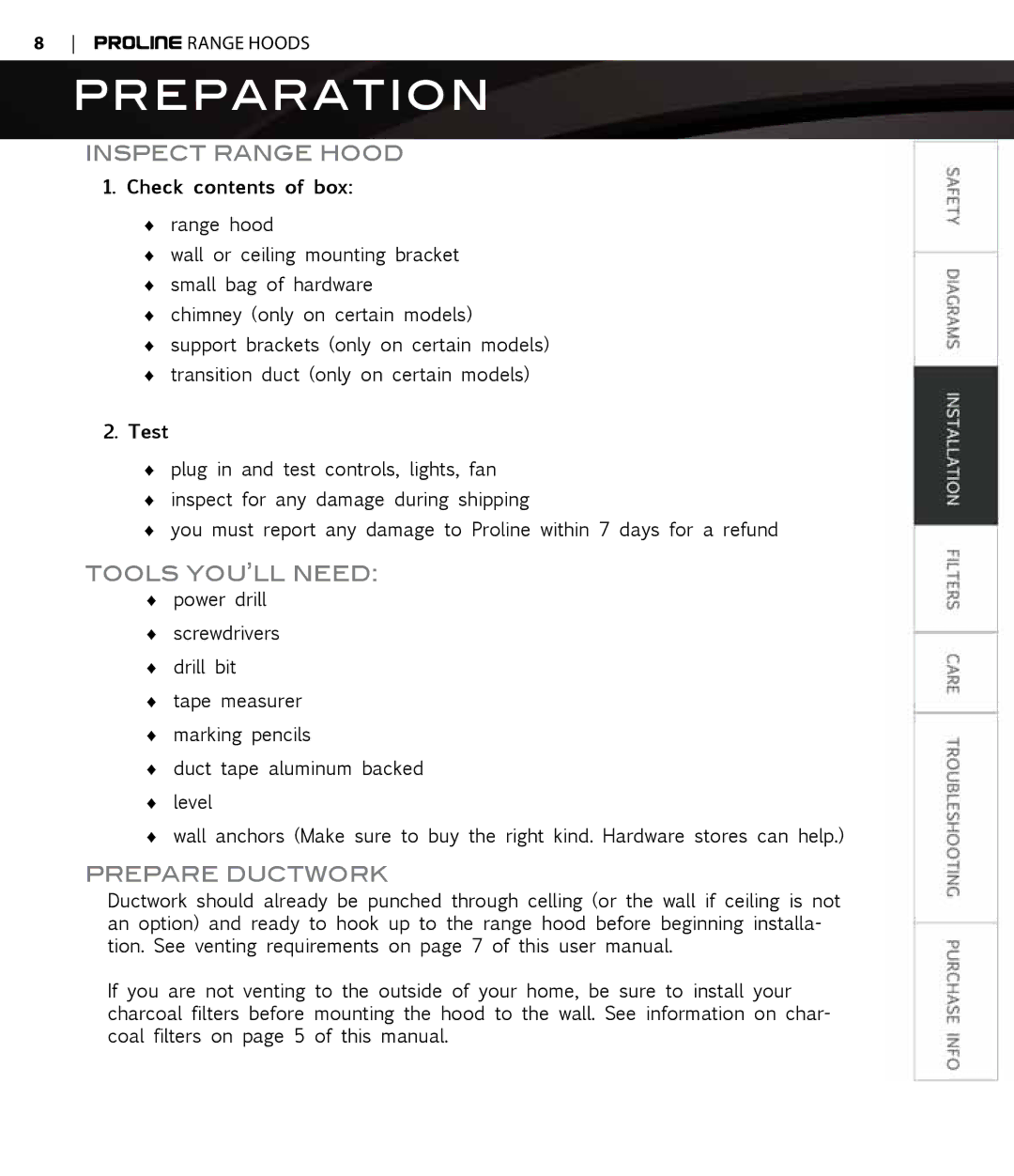 Proline PLZW544, PLZWKL2, PLZWKF, PLZW697, PLZWKE, PLZWKB Preparation, Inspect Range Hood, Tools YOU’LL Need, Prepare Ductwork 